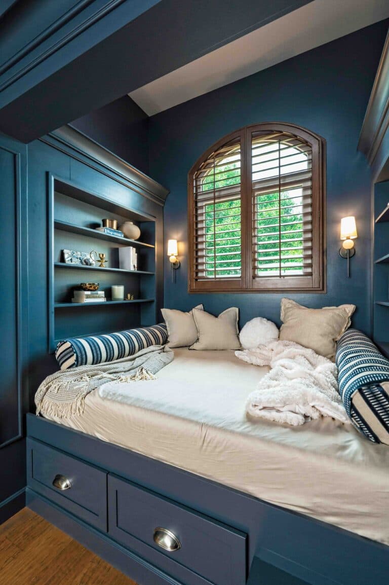 Custom built-in reading nook with blue daybed in a Tampa home renovation