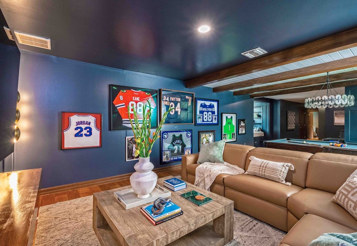 Custom game room renovation with built-ins
