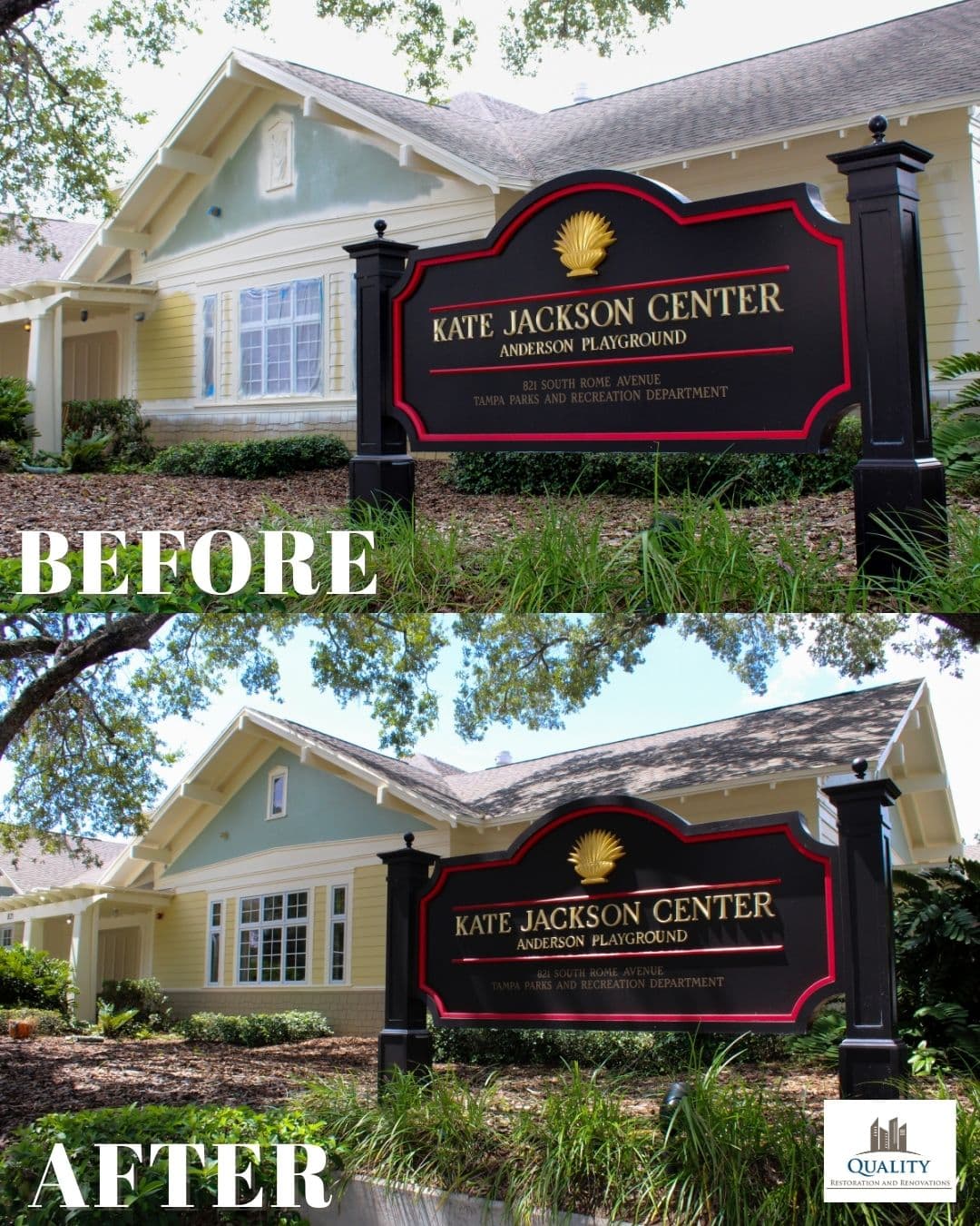 Kate Jackson Center sign before and after renovation