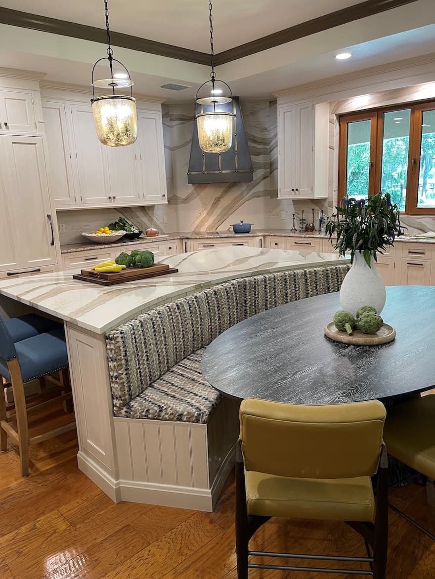 Tampa kitchen renovation with custom island and built-in banquette seating