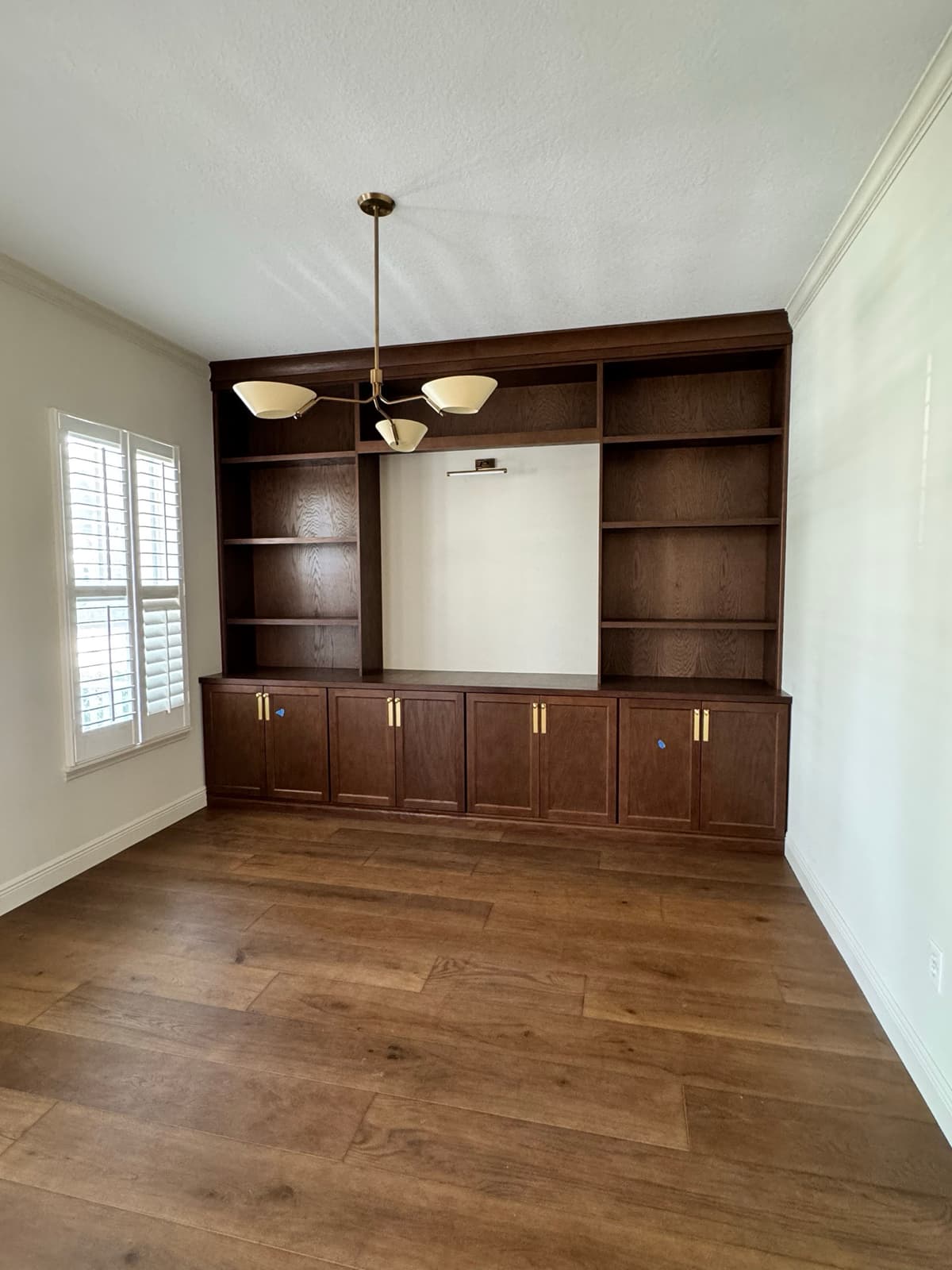 Built-in media wall with dark wood and brass hardware in Tampa