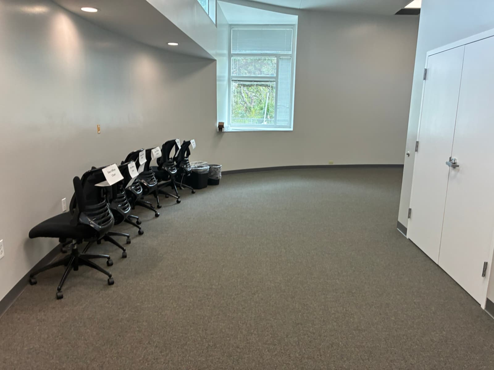 Commercial office renovation with curved wall and new carpet in Tampa